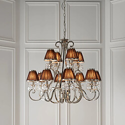 Interiors 1900 Chandelier Oksana, nickel poli, pampilles cristal, 12 abat-jours chocolat