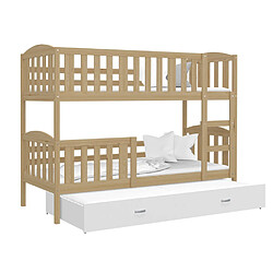 Kids Literie Lit Superposé 3 Places Teo 90x190 Pin - blanc Livré avec sommiers, tiroir et matelas en mousse de 7cm