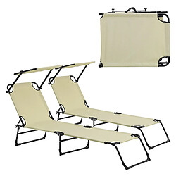 Helloshop26 Lot de 2 transats pliable avec toiture pare soleil de relax acier 190 cm crème 03_0004511