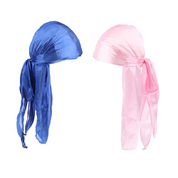 Acheter 2 Pièces Durag Headwear Cap Chute De Cheveux Écharpe Bandana Turban Bleu Royal + Rose