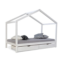 Homestyle4U Lit cabane enfant 90x200 avec tiroirs bois Blanc