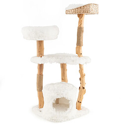 Helloshop26 Arbre à chat en bois 124 cm avec perchoir supérieur en quenouilles et condo tour à chat avec coussin moelleux confortable blanc 20_0009764