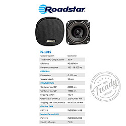 Haut-Parleurs de Voiture 10cm Coaxial, Audio à 2 Voies 2 Haut-Parleurs, PMPO 30W, 30, Noir, Roadstar, PS1015