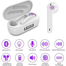 Acheter Chrono Écouteur Bluetooth Écouteurs sans Fil in Ear 5.1 HiFi Stéréo 40H d’Autonomie Boitier avec Affichage Numérique Oreillettes avec Contrôle Tactile Micro IPX5 Etanche pour iOS Android Samsung(Blanc)