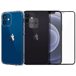 Protection intégrale Verre Trempé bord Noir pour iPhone 12+Verre Trempé Caméra Arrière+Coque souple silicone transparente-Visiodirect-