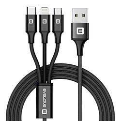 Evelatus LTM01 Câble de données et de chargement tressé en nylon 3 en 1 Éclairage Type-C Micro 1 m USB Noir