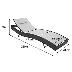 Decoshop26 Chaise longue transat bain de soleil pour jardin poly-rotin marron housse noir 04_0004811