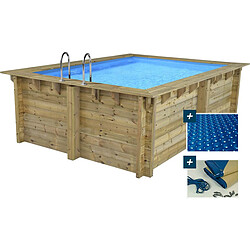 Habitat Et Jardin Piscine bois rectangle Caimans - 4.10 x 3.00 x 1.24 m + Bâche à bulles 180 µ - Bâche hiver 280 g/m²