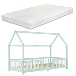 Lit d'enfant Forme Maison Sisimiut avec Matelas à Mousse à Froid 200 x 90 cm Menthe Blanc [en.casa]