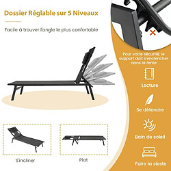 Helloshop26 Chaise longue d'extérieur en fer avec 1 face et 2 trous latéraux 5 positions de dossier appui-tête amovible 150 kg noir 20_0005013