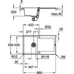 Avis GROHE Évier en composite K500 31644AP0 - A encastrer - 1 bac - Installation égouttoir réversible - 86x50 cm - Noir granite