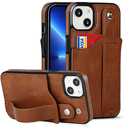 Coque en TPU + PU Fonction de blocage RFID, anti-rayures avec béquille pour dragonne et porte-carte marron pour votre iPhone 13 6.1 pouces