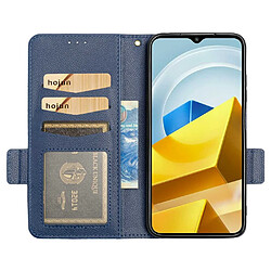 Etui en PU texture litchi, fermoir magnétique double avec support pour votre Xiaomi Poco M5 4G - bleu foncé