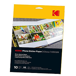 KODAK Photo Sticker Paper - Pack de 10 feuilles de papier photo autocollant - Format 21 x 29.7 cm (A4) - Finition brillante - 120 gsm - Blanco