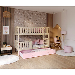 Kids Literie Lit Superposé Teo 90x190 Pin - rose Livré avec sommiers, tiroir et matelas en mousse de 7cm