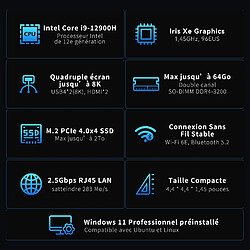 GEEKOM Mini PC GT12 Pro - Intel Core i9-12900H - Intel Iris Xe - RAM 32Go - SSD 1To - Windows 11 Pro