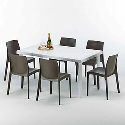 Avis Table Rectangulaire Blanche 150x90cm Avec 6 Chaises Colorées Grand Soleil Set Extérieur Bar Café Rome Summerlife, Couleur: Marron