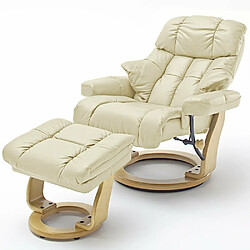 Inside 75 Fauteuil relax CLAIRAC XL assise en cuir crème pied en bois naturel avec repose pied