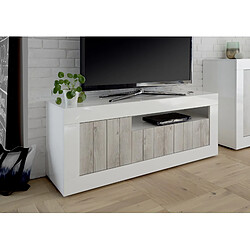 Alter Meuble TV de salon, Made in Italy, Buffet pour TV de salon avec 3 portes et étagères, cm 138x56h42, blanc brillant et couleur béton