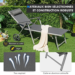 Helloshop26 Chaise longue de jardin inclinable pliable en aluminium avec roulettes 7 dossier réglable appuie-tête amovible charge 150 kg noir 20_0008165