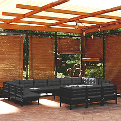 vidaXL Salon de jardin 14 pcs avec coussins Noir Bois de pin