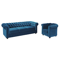 Avis Vente-Unique Canapé 3 places et fauteuil CHESTERFIELD - Velours bleu canard