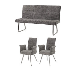 Decoshop26 Lot de 2 chaises de salle à manger avec accoudoirs + banquette 160 cm inox brossé tissu chenille gris foncé 04_0008288