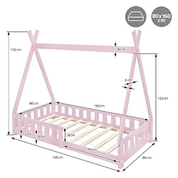 ML-Design Lit d'enfant Tipi + matelas lit avec protection anti chutes bois rose 80x160 cm pas cher