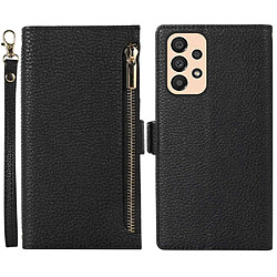 Etui en PU texture litchi avec support, pochette à fermeture éclair et sangle pour votre Samsung Galaxy A53 5G - noir