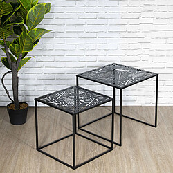 Toilinux Duo de tables d'appoint en métal Motifs feuilles - Noir