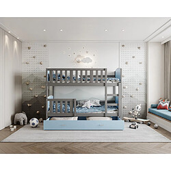 Kids Literie Lit Superposé Tomy 90x190 Gris - bleu Livré avec sommiers, tiroir et matelas en mousse de 7cm