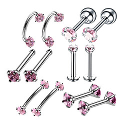 12pcs acier inoxydable couleur bijoux rose piercing nez ongles zircon