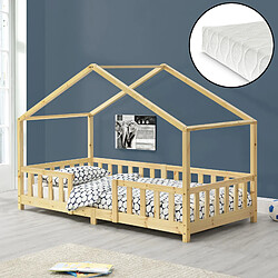 Lit d'enfant Treviolo Forme Maison avec Matelas à Mousse à Froid 200 x 90 cm Bois Naturel [en.casa]