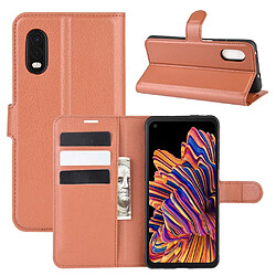 Etui en PU peau de litchi avec support marron pour votre Samsung Galaxy Xcover Pro