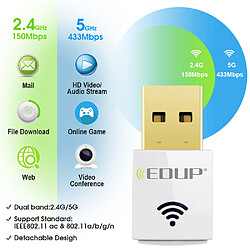 Avis Carte réseau WiFi double bande 2,4 GHz / 5,8 GHz Mini adaptateur USB sans fil 11AC 600 Mbps - Blanc