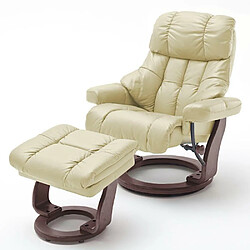 Inside 75 Fauteuil relax CLAIRAC XL assise en cuir crème pied en bois couleur noyer avec repose pied