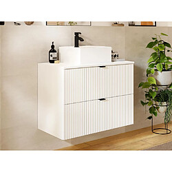 Vente-Unique Meuble de salle de bain suspendu strié avec vasque carrée à poser - Blanc mat - 80 cm - ZEVINI