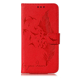 Etui en PU empreinte motif plume peau de litchi rouge pour votre Xiaomi Redmi Note 9S/Note 9 Pro Max/Note 9 Pro