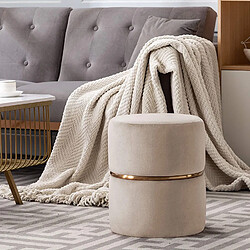 Decoshop26 Tabouret rembourré rond pouf collier métallique doré en tissu velours beige TABO09063 pas cher