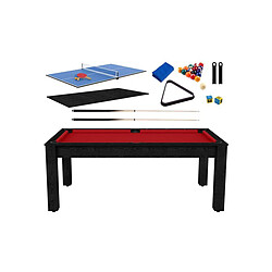 Jardindeco Billard convertible table 8 personnes Arizona + plateau 2 en 1 + pack d'accessoires noir boisé et rouge (tapis)