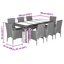 vidaXL Ensemble à manger de jardin et coussins 9 pcs noir rotin verre pas cher