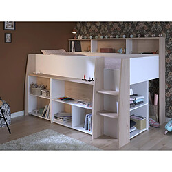 Vente-Unique Lit combiné 90 x 200 cm avec bureau et rangements - Blanc et naturel - APOLINO