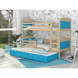 Kids Literie Lit Superposé 3 Places Mateo 90x190 Pin - bleu Livré avec sommiers, tiroir et matelas en mousse de 7cm pas cher