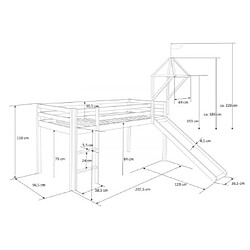 Homestyle4U Lit mezzanine 90x200 avec toboggan + echelle + rideau + tour et tunnel gris etoile