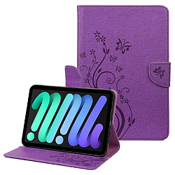 Etui en PU motif de papillons et de fleurs avec support violet pour iPad mini (2021)