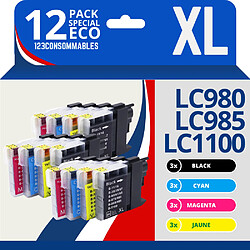 123CONSOMMABLES - LC1100 LC980 LC985 - cartouche compatible avec Brother DCP-195C DCP-585CW DCP-385C DCP-375CW MFC-990CW MFC-6490CW MFC-490CW MFC-5890CN MFC-J615W (pack de 12)