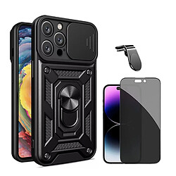 Kit De Film Anti-Espion 5D + Couvercle Anti-Impact Pour Fenêtre Coulissante De Défenseur Militaire Magnétique + Support Magnétique L De Voiture Pour Conduite Sûre Phonecare Compatible avec Apple iPhone 16 Pro - Noir