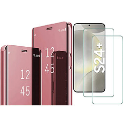 Coque Folio Rabat Miroir Pour Samsung Galaxy S24 Plus Couleur Rose + 2 Verres Trempe Protection Ecran Little Boutik©