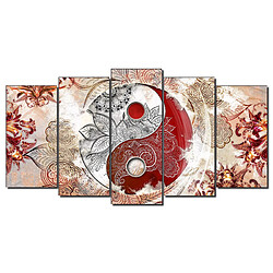 Dekoarte 509 - Tableau moderne sur toile monté sur cadre en bois 5 pièces, yin et yang de style ethnique rouge / beig, 150x80cm