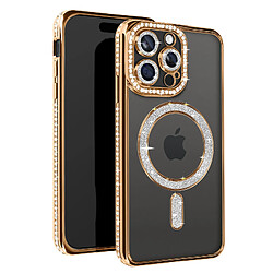 Avizar Coque Diamant pour iPhone 15 Pro Max Protection MagSafe Contour Strass Dorée